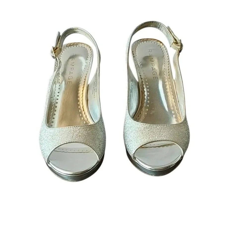 Rampage Flanders Slingback Heels Womens 9M Silver Glitter Peep Toe Platform Pump